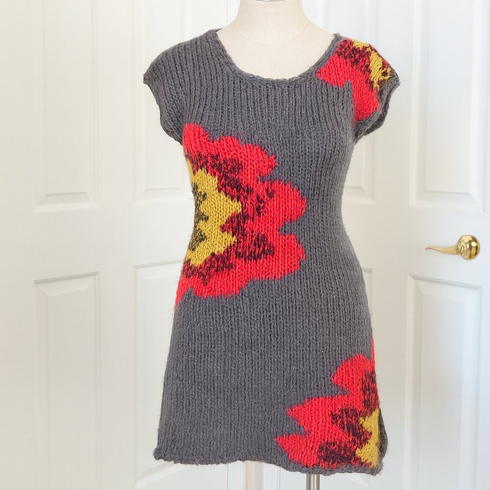 VINTAGE 90's Charcoal Gray Chunky Knit Dress Bold Floral Abstract SMALL
